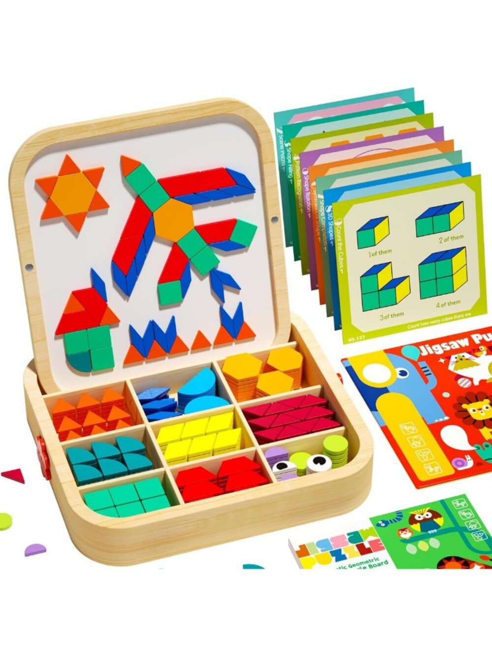 Montessori Wooden Magnetic Pattern Blocks Set, 288 PCS STEM Puzzle Toys for Kids